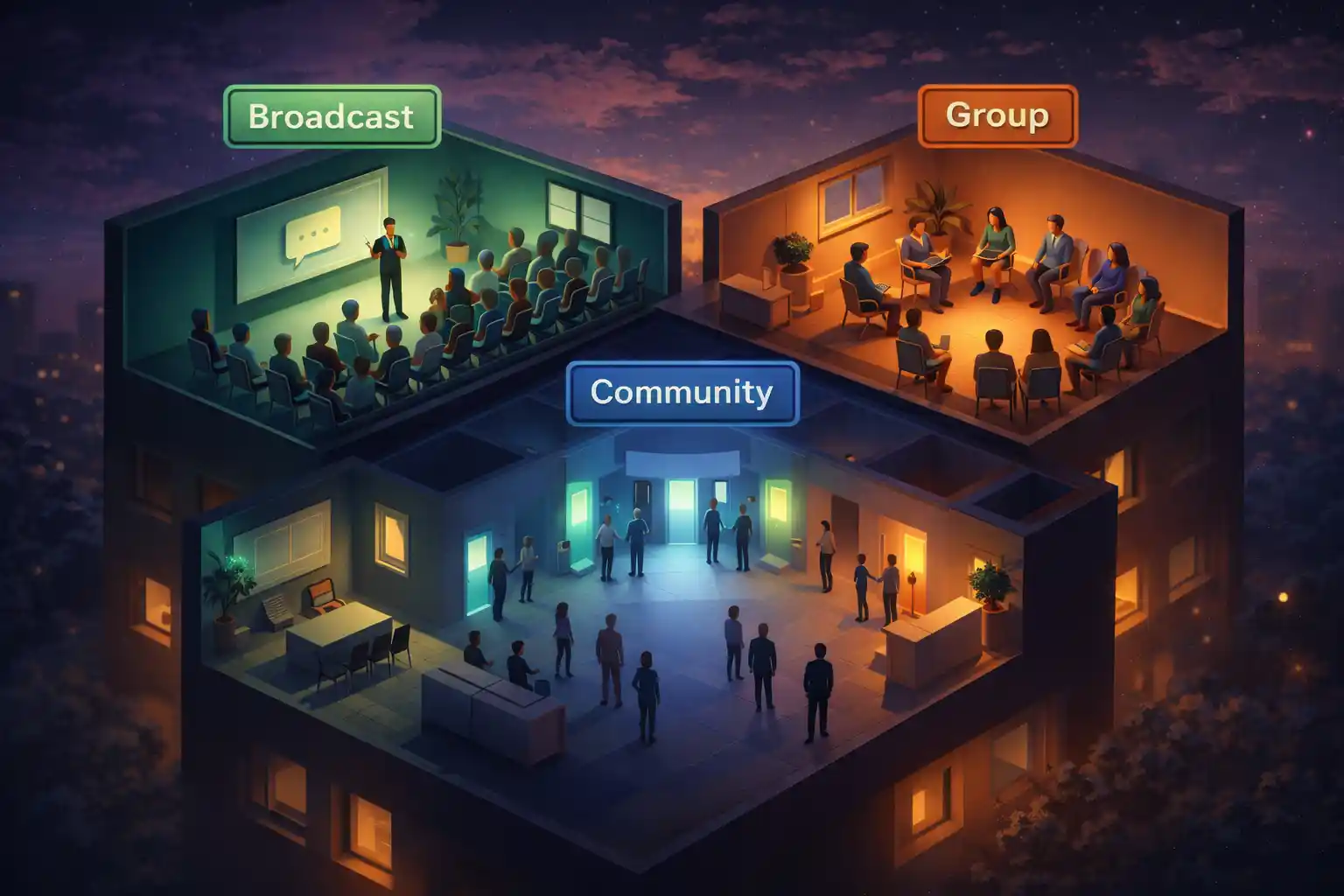 WhatsApp broadcast list vs group vs community: what to use for marketing and why