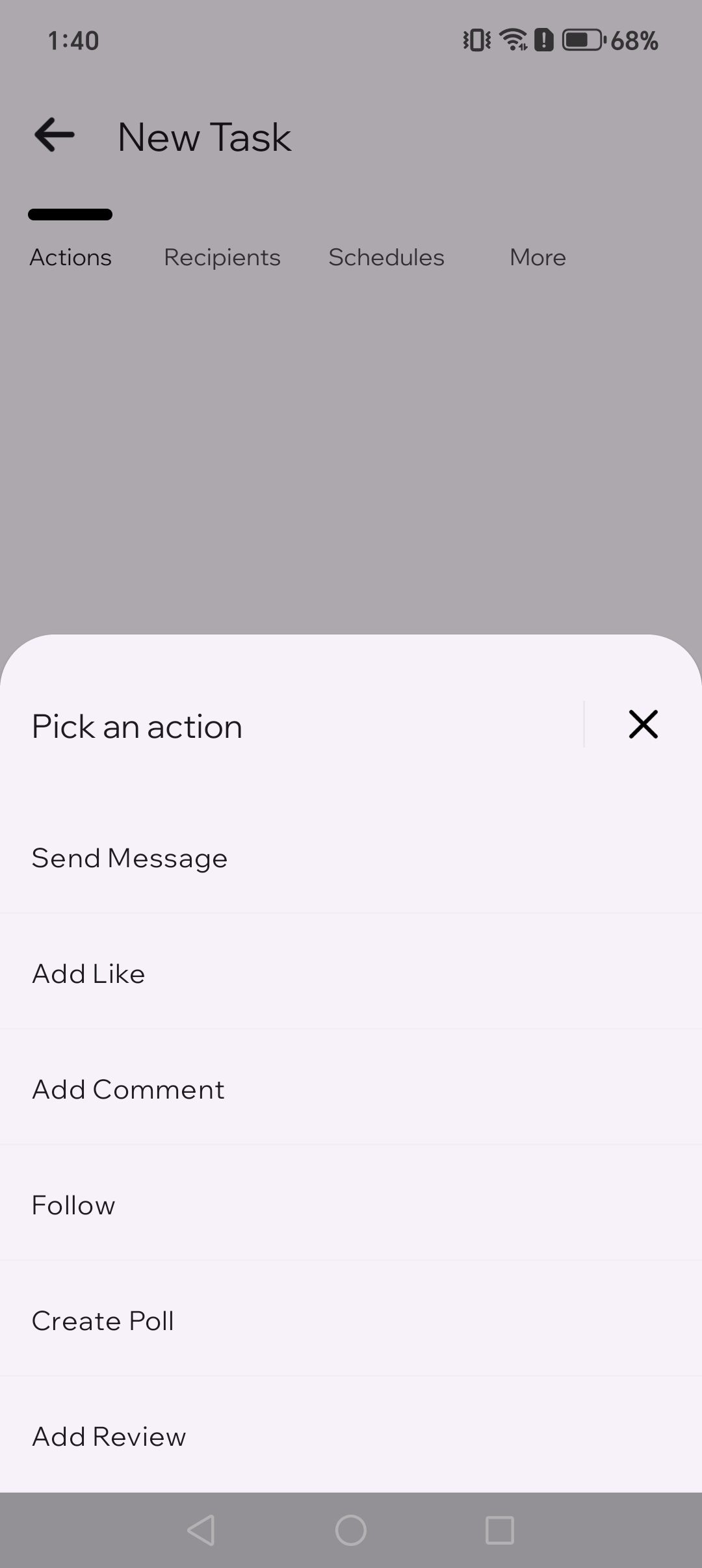 Action selection picker showing Send message